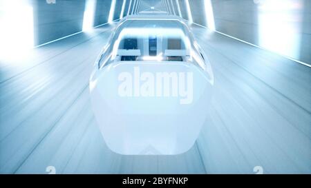 bus futuriste volant avec les gens à vitesse rapide dans le tunnel de science-fiction, le coridor. Concept de futur. rendu 3d. Banque D'Images