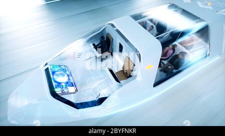 bus futuriste volant avec les gens à vitesse rapide dans le tunnel de science-fiction, le coridor. Concept de futur. rendu 3d. Banque D'Images