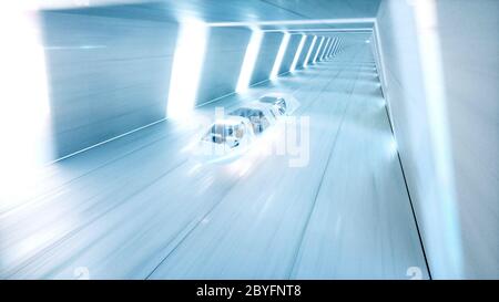 bus futuriste volant avec les gens à vitesse rapide dans le tunnel de science-fiction, le coridor. Concept de futur. rendu 3d. Banque D'Images