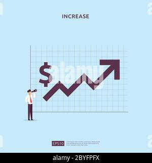 Concept de performance financière. Augmentation du bénéfice d'entreprise avec la flèche de croissance et le caractère personnel. Taux de salaire de revenu augmenter le revenu de marge avec dollar Illustration de Vecteur