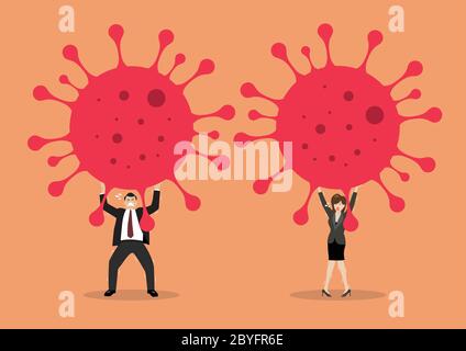 Homme d'affaires et femme luttant pour porter le virus. Concept du coronavirus Covid-19. Illustration vectorielle Illustration de Vecteur