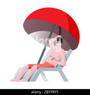 Homme assis dans un transat sous un parasol. Concept homme en vacances. Gay prenant un bain de soleil sur la plage avec un cocktail à la main. Illustration vectorielle plate isolée Illustration de Vecteur