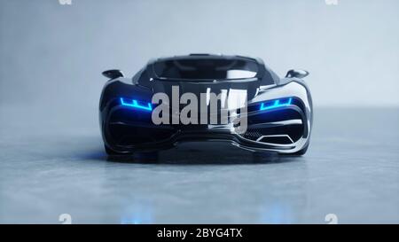 voiture électrique futuriste noire avec lumière bleue. Concept de futur. rendu 3d. Banque D'Images