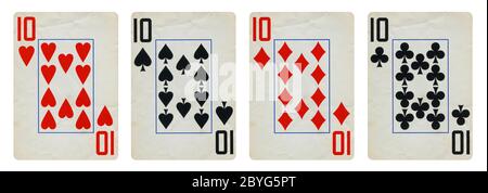 Quatre cartes à jouer Vintage isolé sur fond blanc, montrant des dizaines de chaque costume - Coeurs, clubs, bêches et diamants Banque D'Images