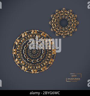 Deux fleurs d'or ornementales mandalas orientales sur fond bleu Illustration de Vecteur