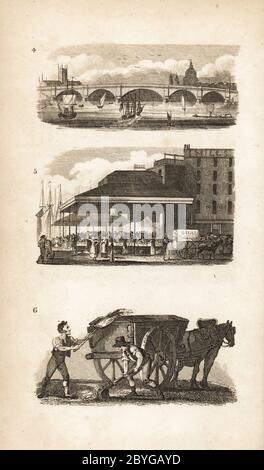 New London Bridge, Billingsgate et le Scavenger. New London Bridge construit par John Rennie en 1825 4, Billingsgate marché de poissons 5 et les charrettes avec le nettoyage des rues 6. Gravure sur bois d'après une illustration d'Isaac Taylor de City Scenes, ou un PEP à Londres, par Ann Taylor et Jane Taylor, publié par Harvey et Darton, Gracechurch Street, Londres, 1828. Les sœurs anglaises Ann et Jane Taylor étaient des poètes romantiques prolifiques et des écrivains de livres pour enfants au début du XIXe siècle. Banque D'Images