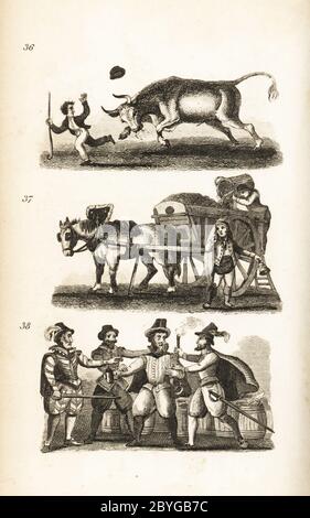 L'Ox enragé, le rangun et la prise de Guy Fawkes. Garçon chassé par un taureau en colère près du marché Smithfield 36, un aspirateur avec chariot tiré par des chevaux enlevant les ordures 37 et la capture du chef du terrain de Gunpoder dans une cave sous le Parlement en 1605 38. Gravure sur bois d'après une illustration d'Isaac Taylor de City Scenes, ou un PEP à Londres, par Ann Taylor et Jane Taylor, publié par Harvey et Darton, Gracechurch Street, Londres, 1828. Les sœurs anglaises Ann et Jane Taylor étaient des poètes romantiques prolifiques et des écrivains de livres pour enfants au début du XIXe siècle. Banque D'Images