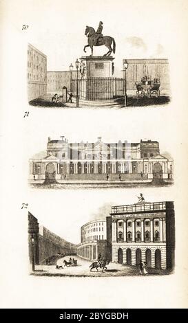 Charing Cross, Carlton House et le Quadrant, Regent Street. Statue du roi Charles I par le Sueur à Charing Cross 70, Carlton House par l'architecte Henry Holland démoli en 1826 71 et le bureau des pompiers du comté surmonté d'un observatoire et d'une statue de Britannia dans le Quadrant, Regent Street, achevé en 1825 72. Gravure sur bois d'après une illustration d'Isaac Taylor de City Scenes, ou un PEP à Londres, par Ann Taylor et Jane Taylor, publié par Harvey et Darton, Gracechurch Street, Londres, 1828. Les sœurs anglaises Ann et Jane Taylor étaient des poètes romantiques prolifiques et des écrivains d’enfants Banque D'Images