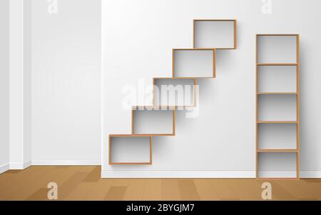 étagère en bois et vitrine en bois dans la salle blanche Illustration de Vecteur