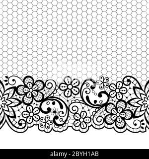 Motif vectoriel en dentelle de mariage, décoration rétro détaillée, motif en dentelle avec fleurs et tourbillons en noir sur fond blanc Illustration de Vecteur