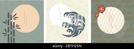 Icône japonaise avec vecteur d'arrière-plan abstrait. Éléments naturels avec motif géométrique. Vague, fleur de cerisier, mouche et décoration de bambou. Illustration de Vecteur
