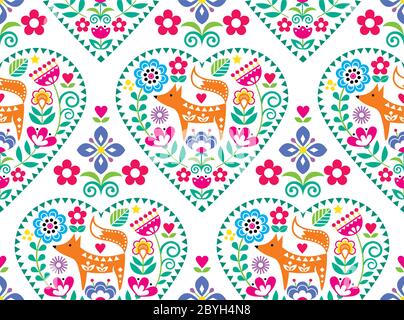 Motif vectoriel d'art folklorique scandinave ou nordique avec fleurs et renard, motif textile fleuri inspiré de la broderie traditionnelle de Swed Illustration de Vecteur