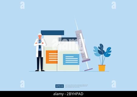 Le temps de vacciner concept avec le médecin, l'injection médicale et le flacon de médecine. Vaccin médicament traitement en bouteille pour l'infection à coronavirus. COVID-19 Illustration de Vecteur