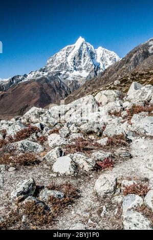 Népal. Island Peak Trek. En regardant vers le bas la vallée de l'Imja Khola en direction du village de Dingboche avec le pic formidable de Taboche au loin Banque D'Images