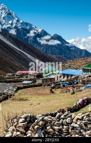 Népal. Island Peak Trek. Vue sur l'une des enceintes de champ murées vers les sommets du mont Ama Dablam Everest depuis le village de Dingboche Banque D'Images