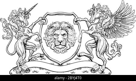 Écusson Pegasus Unicorn Coat of Arms Lion Shield Illustration de Vecteur