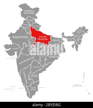 L'Uttar Pradesh en surbrillance rouge dans la carte de l'Inde Banque D'Images
