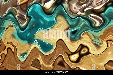 Pigments mélangés abstraits avec un marbre brillant. Peinture liquide mélange créatif bronze brun avec particules vert émeraude et bleu aigue Banque D'Images
