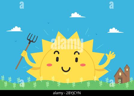 Illustration d'un soleil se présentant le matin et tenant une fourche de jardin dans la ferme Banque D'Images