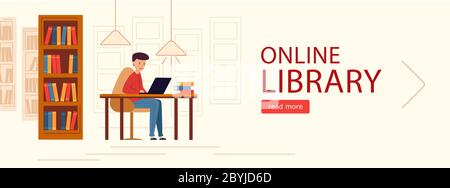 Bannière horizontale Bibliothèque en ligne. Jeune homme dans un ordinateur portable à la recherche d'un livre électronique. Sur le fond de la salle de bibliothèque avec des armoires de livres. Vecteur il Illustration de Vecteur