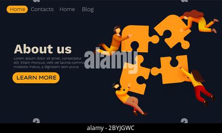 Concept de solutions d'entreprise, flux de travail qui survole les personnes et interaction avec les icônes des pièces de puzzle. Modèle de page d'arrivée. Illustration vectorielle. Illustration de Vecteur