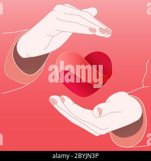 Mains tenant un coeur ou un jour de Valentin, l'icône logo d'amour plat dans la couleur rose sur fond isolé. Vecteur EPS 10. Illustration de Vecteur