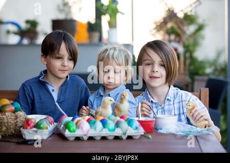 Enfants doux, frères, coloration et ponte des œufs pour Pâques dans le jardin, à l'extérieur à la maison dans l'arrière-cour Banque D'Images