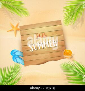 Résumé contexte pour les vacances d'été concept, avec jus d'orange fleur de verre de soleil sur table en bois, contre sable et mer plage de étoiles de mer shell vert le Banque D'Images