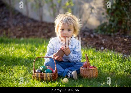 Petit garçon, mangeant un lapin en chocolat dans le jardin au coucher du soleil, des œufs de pâques autour de lui Banque D'Images