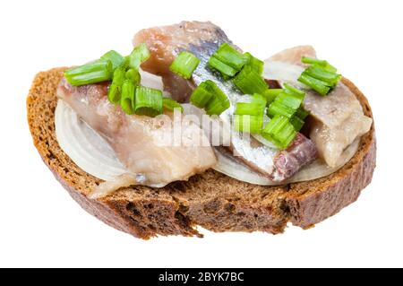 Sandwich ouvert avec le pain de seigle, hareng mariné et oignon isolé sur fond blanc Banque D'Images