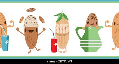 Bordure sans couture pour vecteur lait d'amande kawaii. Bannière avec de jolis muscles fléchissants, jonglant et buvant des personnages de noix sur fond blanc. Dessin animé amusant Illustration de Vecteur