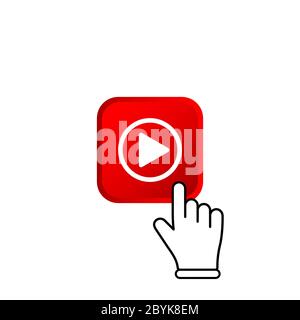 Bouton rouge avec pointeur de souris et icône de lecteur multimédia plat dans concept de design de couleur moderne sur fond blanc isolé. Vecteur EPS 10. Illustration de Vecteur