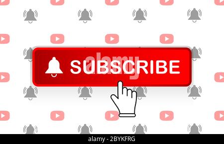 Bouton rouge de souscription avec pointeur de souris et icône de cloche de notification plate dans le concept de conception de couleur moderne sur fond blanc isolé. Vecteur EPS 10. Illustration de Vecteur