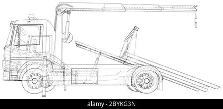 Vecteur de chariot de remorquage. Remorquage transport de véhicule de transport de camion. Aide sur route. Fil - châssis. Les couches de lignes visibles et invisibles sont séparées Illustration de Vecteur