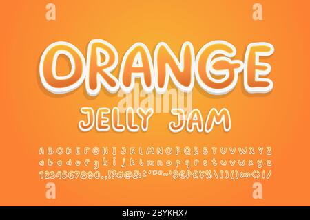 Dessin animé Alphabet doux orange aux couleurs des fruits. Police manuscrite lumineuse, style d'autocollant 3d, lettres majuscules et minuscules, chiffres. Illustration vectorielle. Banque D'Images