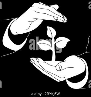 Concept de sauver la terre, la nature, l'écologie ou deux mains tenant le monde avec un logo plat d'icône de sprint en blanc sur fond noir isolé Illustration de Vecteur