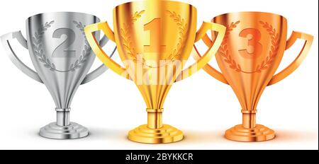 Trophée d'or réaliste. Première deuxième et troisième place. Or, argent et bronze. Illustration vectorielle Illustration de Vecteur
