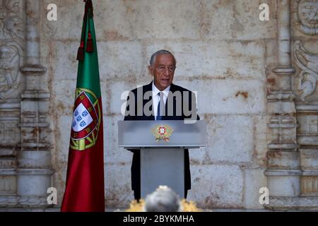 Lisbonne, Portugal. 10 juin 2020. Le président portugais Marcelo Rebelo de Sousa prononce un discours lors de la cérémonie des célébrations de la Journée nationale du Portugal au monastère de Jeronimos, à Lisbonne, au Portugal, le 10 juin 2020. Crédit : Pedro Fiuza/ZUMA Wire/Alay Live News Banque D'Images