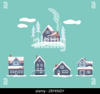 Maisons d'hiver confortables. Paysage vectoriel enneigé Illustration de Vecteur