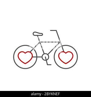 Vélo avec pneus en forme de coeur. Icône de ligne. Amour pour le cyclisme et un mode de vie sain. Joli vélo gris avec coeurs rouges. Concept de carte de Saint-Valentin. Illustration de Vecteur