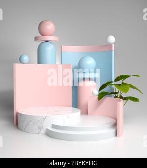 Composition abstraite plante de jardin exposition blanc pastel pour les produits de spectacle et les cosmétiques avec support en marbre, illustration 3d Banque D'Images