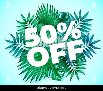 Soldes d'été. Arrière-plan avec feuilles fraîches de palmier vert. Concept de plage ou de saison tropicale. Illustration vectorielle Illustration de Vecteur