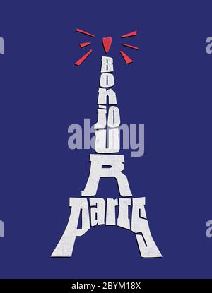 Expression Bonjour Paris. Typographie de la tour Eiffel en bleu Illustration de Vecteur