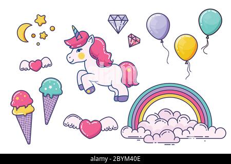 Licorne et éléments de fée isolés sur blanc Illustration de Vecteur