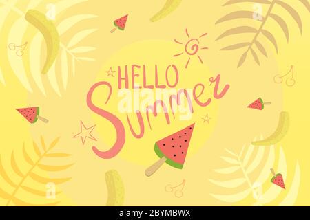 Hello Sunny Summer Vector Background Illustration avec pastèque, banane et cerise. Illustration de Vecteur