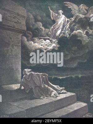 Machine Colorisé (ai) Elijah pris au ciel dans un Chariot de feu 2 Rois 2:11 du livre 'Bible Gallery' illustré par Gustave Dore avec mémoire de Dore et descriptif lettre-presse par Talbot W. Chambers D.D. Publié par Cassell & Company Limited à Londres et simultanément par Mame à Tours, France en 1866 Banque D'Images