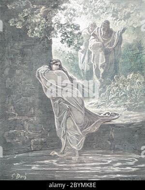 Susanna colorisée par machine (ai) dans le bain l'histoire de Susanna 21 du livre 'Galerie biblique' illustré par Gustave Dore avec mémoire de Dore et lettre-presse descriptive par Talbot W. Chambers D.D. Publié par Cassell & Company Limited à Londres et simultanément par Mame à Tours, France en 1866 Banque D'Images