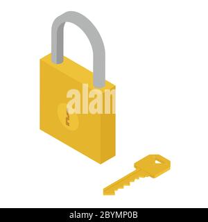 Cadenas doré et vue isométrique avec clé isolée sur fond blanc. Vecteur Illustration de Vecteur