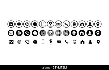 Ensemble d'icônes de communication défini. Symboles de téléphone, de téléphone mobile, de téléphone rétro, d'emplacement, de courrier et de site Web sur fond blanc isolé pour les applications Illustration de Vecteur