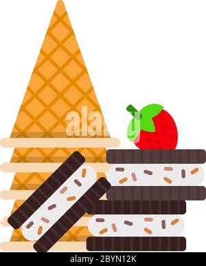 Tour de cornets de gaufres, biscuits au chocolat avec baies de fraise isolées à plat Illustration de Vecteur